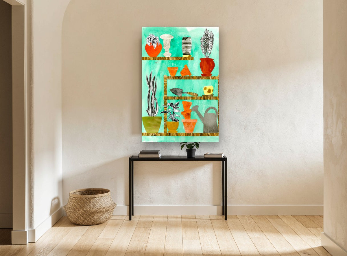 Potting Shed Shelves floral canvas print on the wall of a hallway