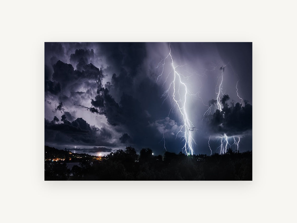 Storm Over Treeline, night thunderstorm lightning photograph, landscape canvas wall art print, front view