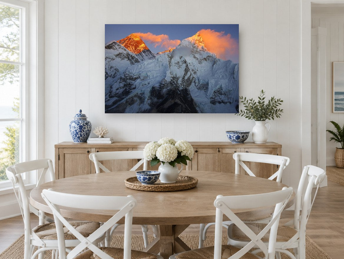 Alpenglow Summit Ridge landscape canvas print on the wall of a Hamptons dining room