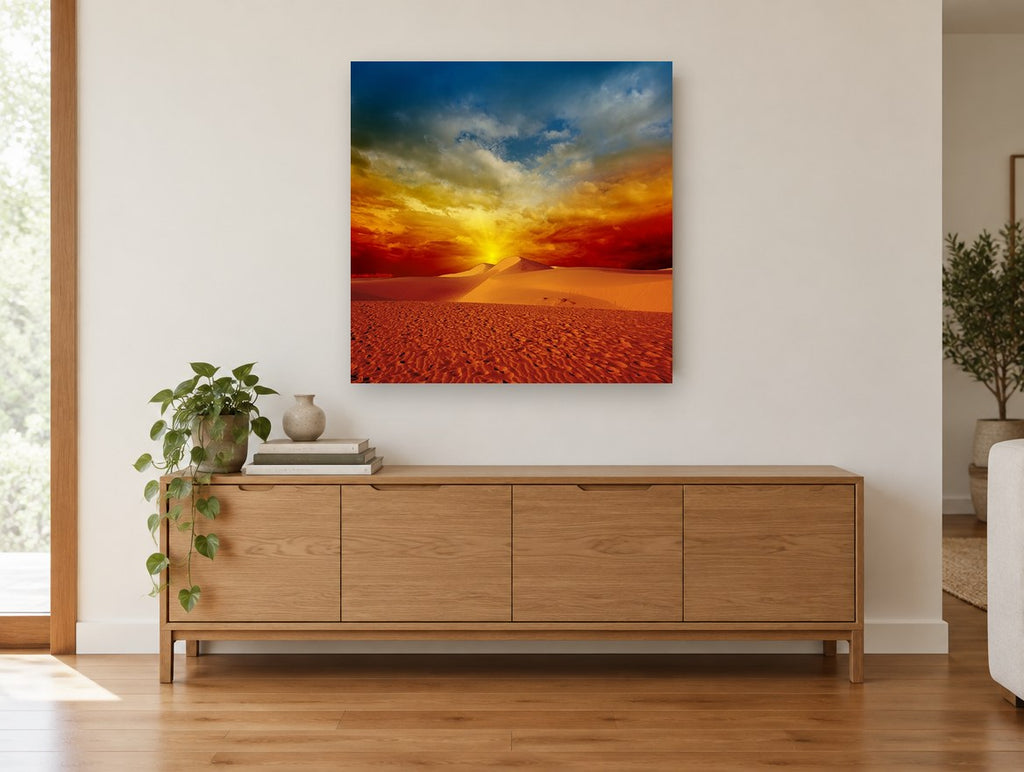 Ember Dunes Horizon landscape canvas print on the wall of a living room above a sideboard