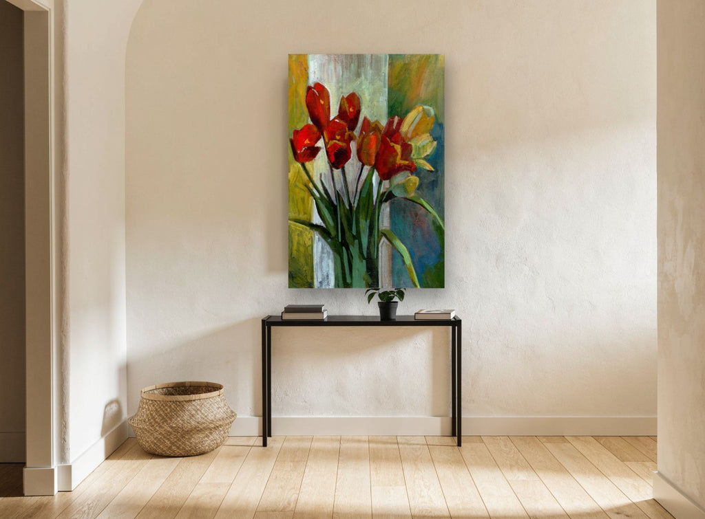 Red Tulips at the Window floral canvas print on the wall of a hallway