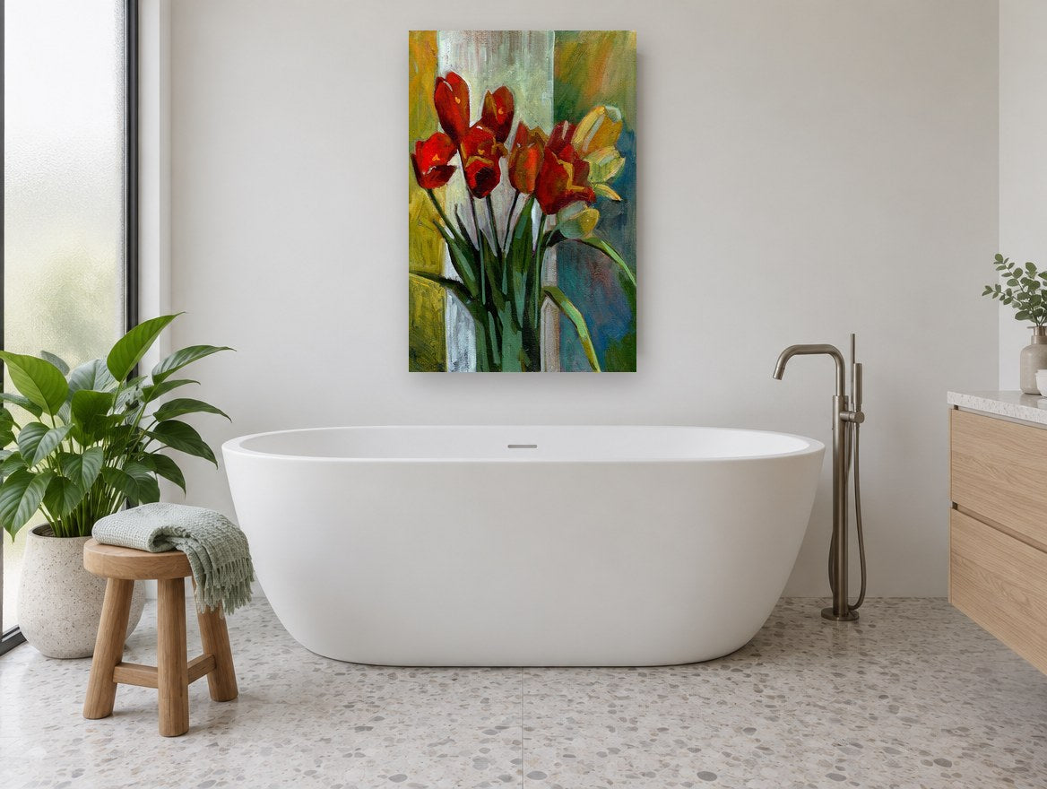 Red Tulips at the Window floral canvas print on the wall of a bathroom