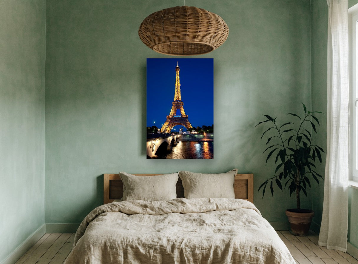 Golden Tower, Blue Hour city canvas print on the wall of a bedroom