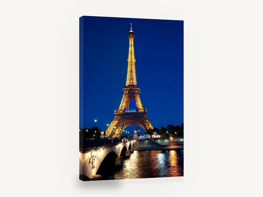 Golden Tower, Blue Hour, eiffel tower at night photograph, city canvas wall art print ready to hang