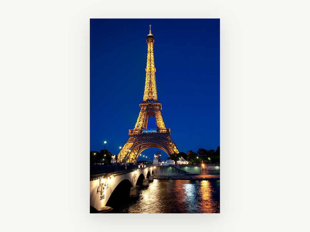 Golden Tower, Blue Hour, eiffel tower at night photograph, city canvas wall art print, front view