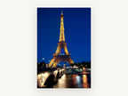 Golden Tower, Blue Hour, eiffel tower at night photograph, city canvas wall art print, front view