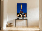 Golden Tower, Blue Hour city canvas print on the wall of a hallway