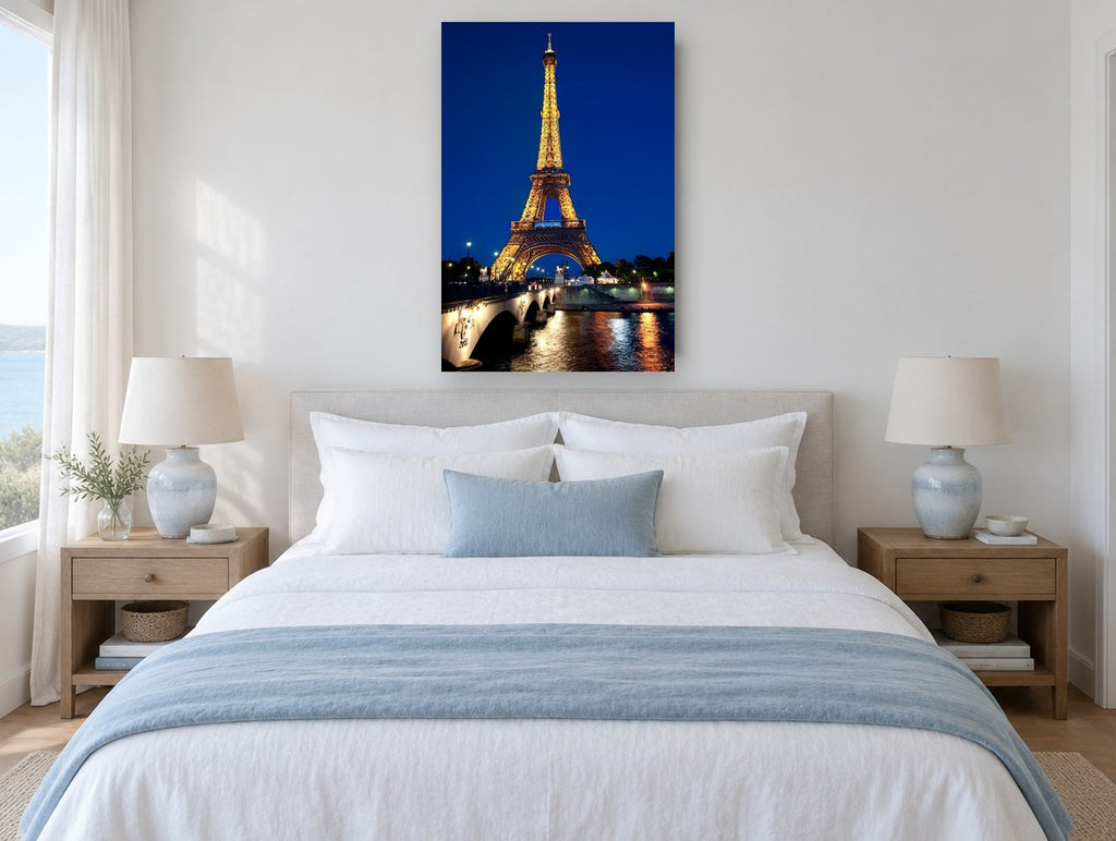 Golden Tower, Blue Hour city canvas print on the wall of a bedroom