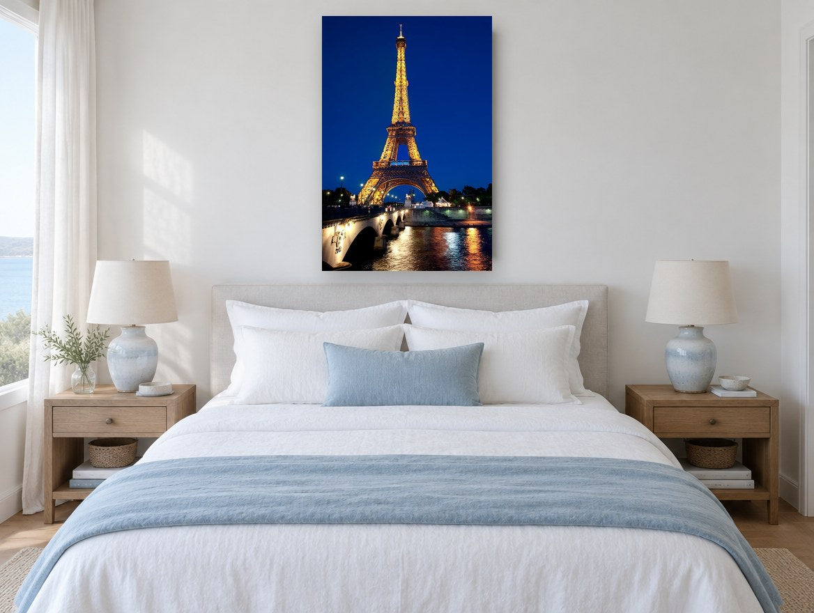 Golden Tower, Blue Hour city canvas print on the wall of a bedroom