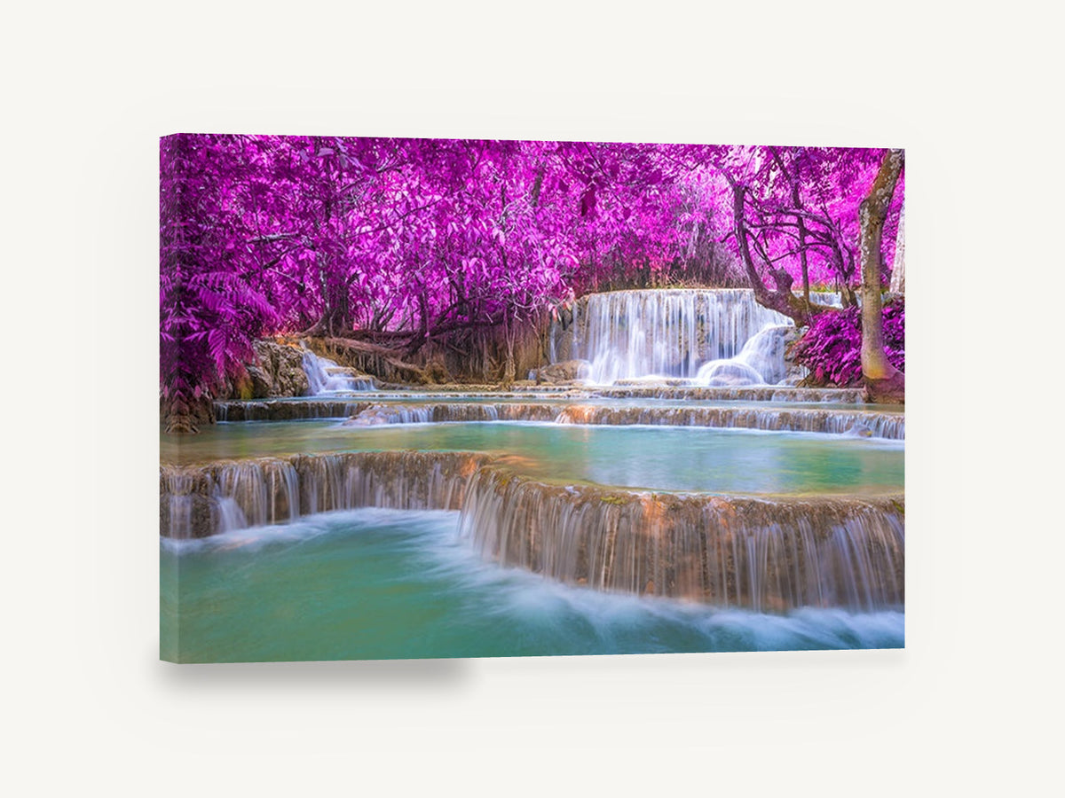 Magenta Canopy Falls, pink forest waterfall photograph, landscape canvas wall art print ready to hang