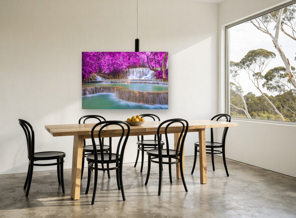 Magenta Canopy Falls landscape canvas print on the wall of a dining room