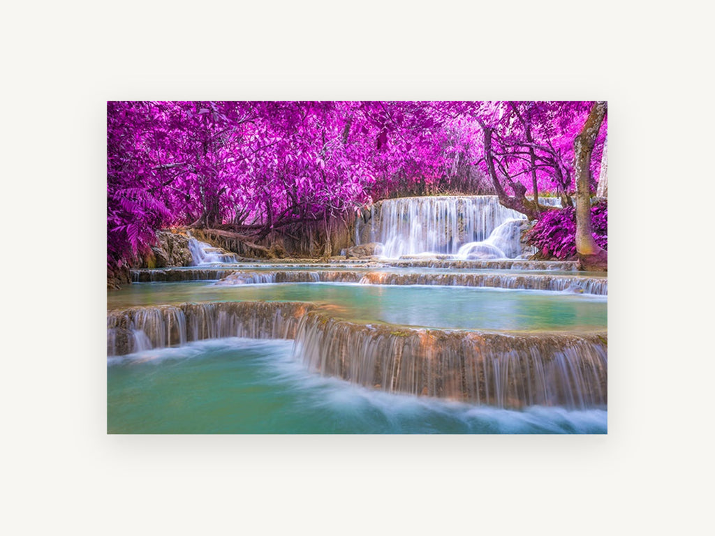 Magenta Canopy Falls, pink forest waterfall photograph, landscape canvas wall art print, front view