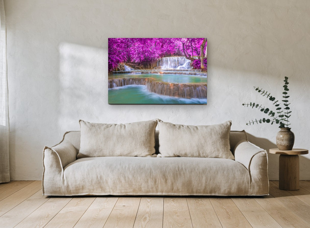 Magenta Canopy Falls landscape canvas print on the wall of a living room
