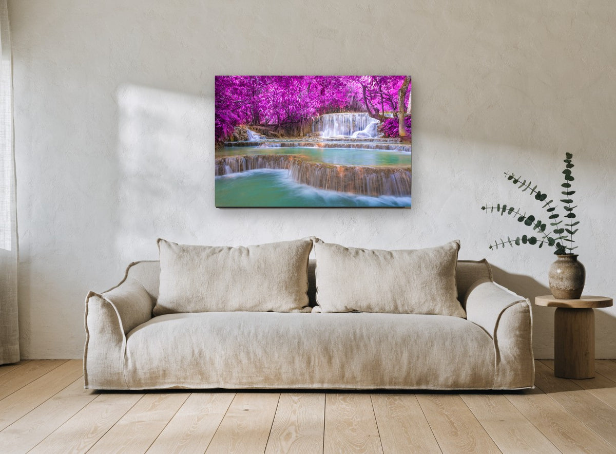Magenta Canopy Falls landscape canvas print on the wall of a living room