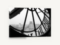 Through the Clock Face, paris clock view black and white photograph, city canvas wall art print ready to hang