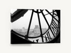 Through the Clock Face, paris clock view black and white photograph, city canvas wall art print ready to hang