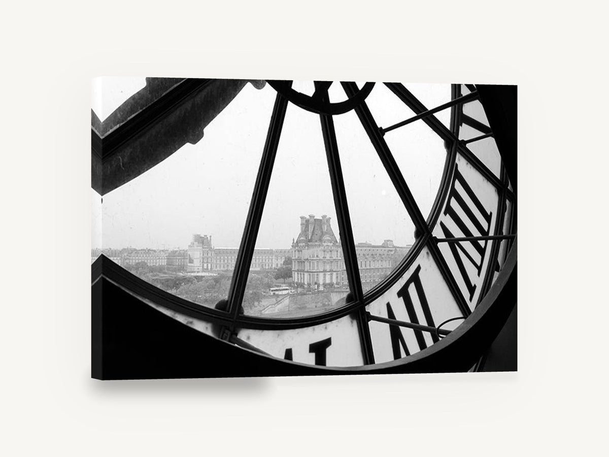 Through the Clock Face, paris clock view black and white photograph, city canvas wall art print ready to hang