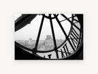 Through the Clock Face, paris clock view black and white photograph, city canvas wall art print, front view