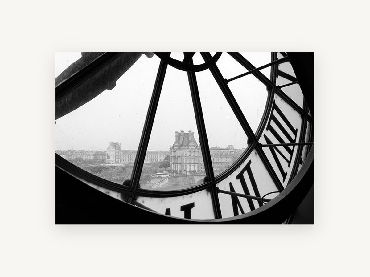 Through the Clock Face, paris clock view black and white photograph, city canvas wall art print, front view