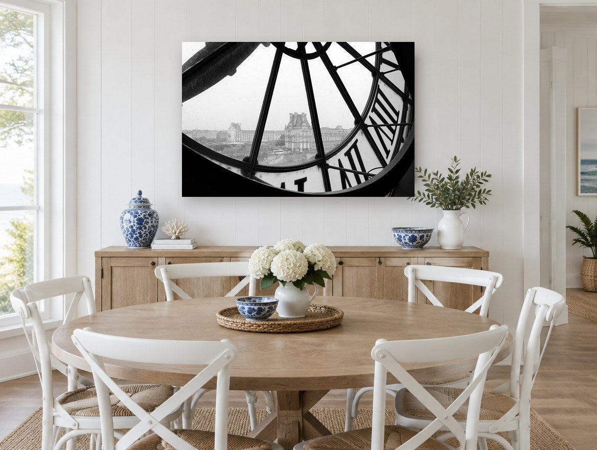 Through the Clock Face city canvas print on the wall of a Hamptons dining room