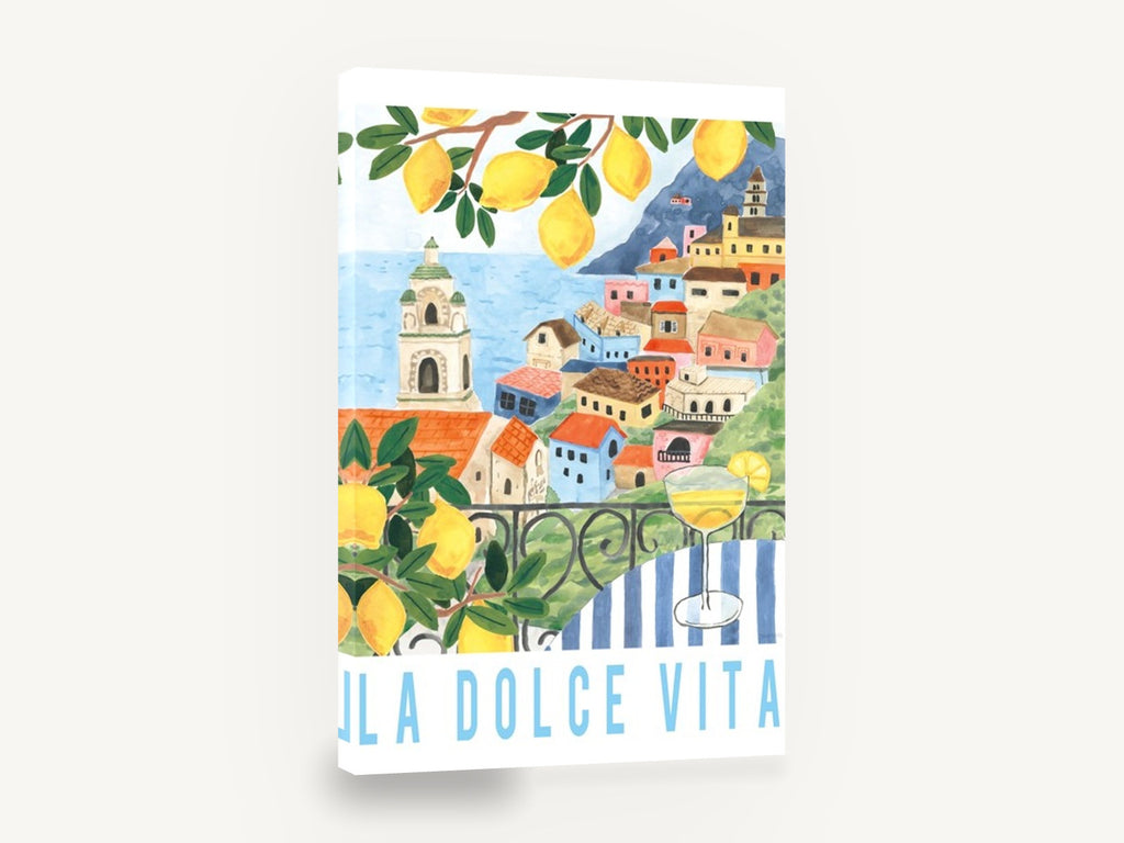 Lemon Terrace Sweet Life, italian coastal village lemon watercolour, coastal canvas wall art print ready to hang