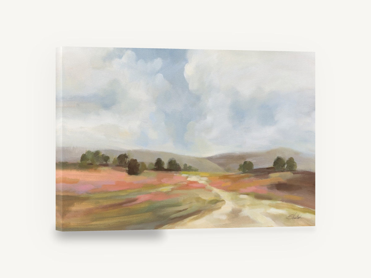 Blush Meadow Track, pink meadow hills landscape painting, landscape canvas wall art print ready to hang