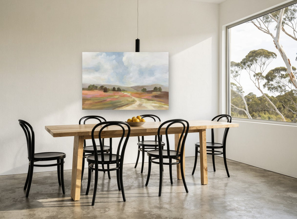 Blush Meadow Track landscape canvas print on the wall of a dining room