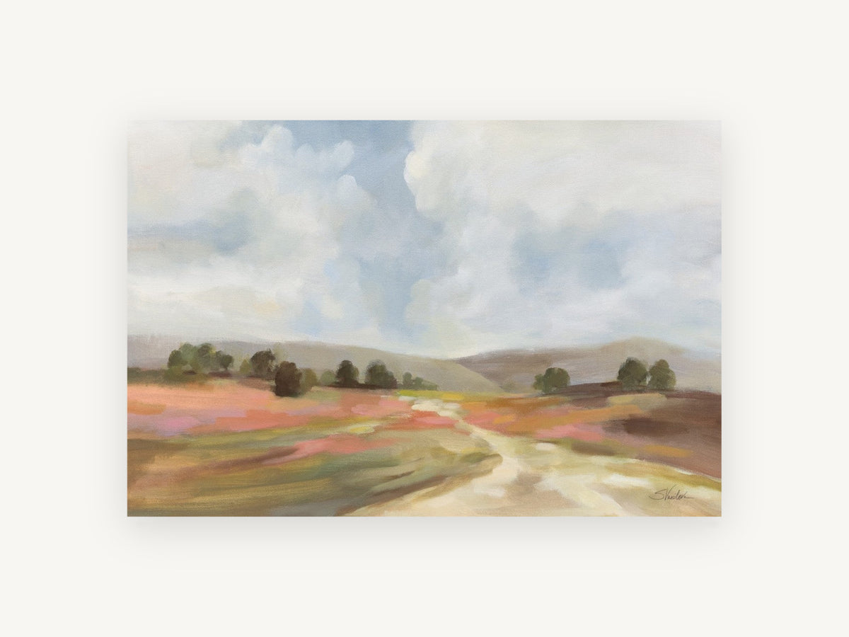 Blush Meadow Track, pink meadow hills landscape painting, landscape canvas wall art print, front view