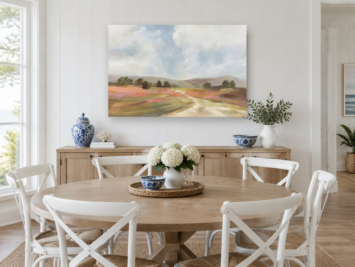 Blush Meadow Track landscape canvas print on the wall of a Hamptons dining room