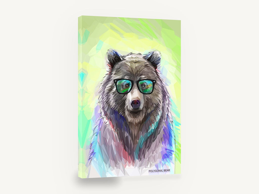 Bear in Green Shades, polygonal bear with glasses illustration, animal canvas wall art print ready to hang