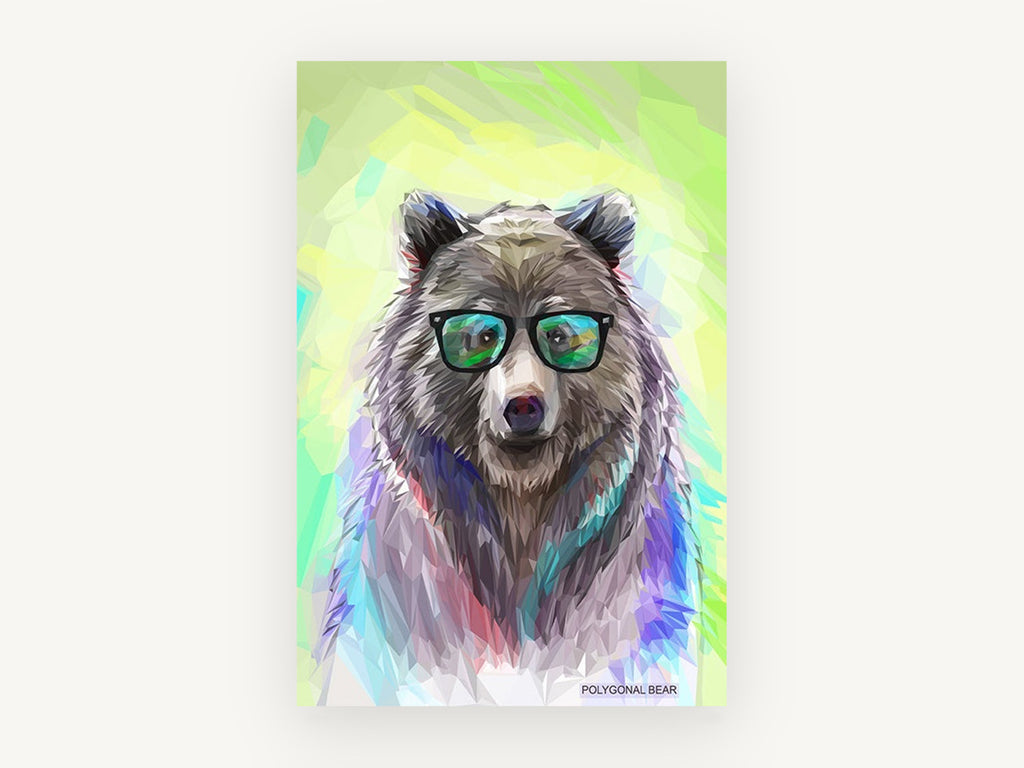 Bear in Green Shades, polygonal bear with glasses illustration, animal canvas wall art print, front view