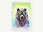 Bear in Green Shades, polygonal bear with glasses illustration, animal canvas wall art print, front view
