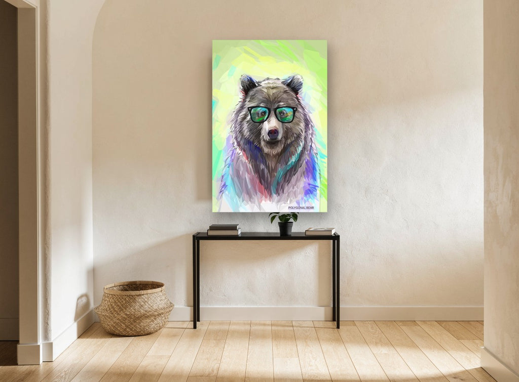 Bear in Green Shades animal canvas print on the wall of a hallway