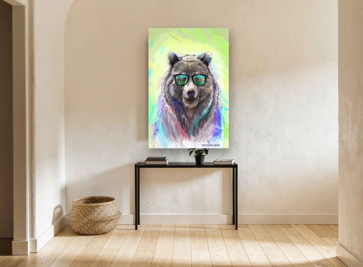 Bear in Green Shades animal canvas print on the wall of a hallway