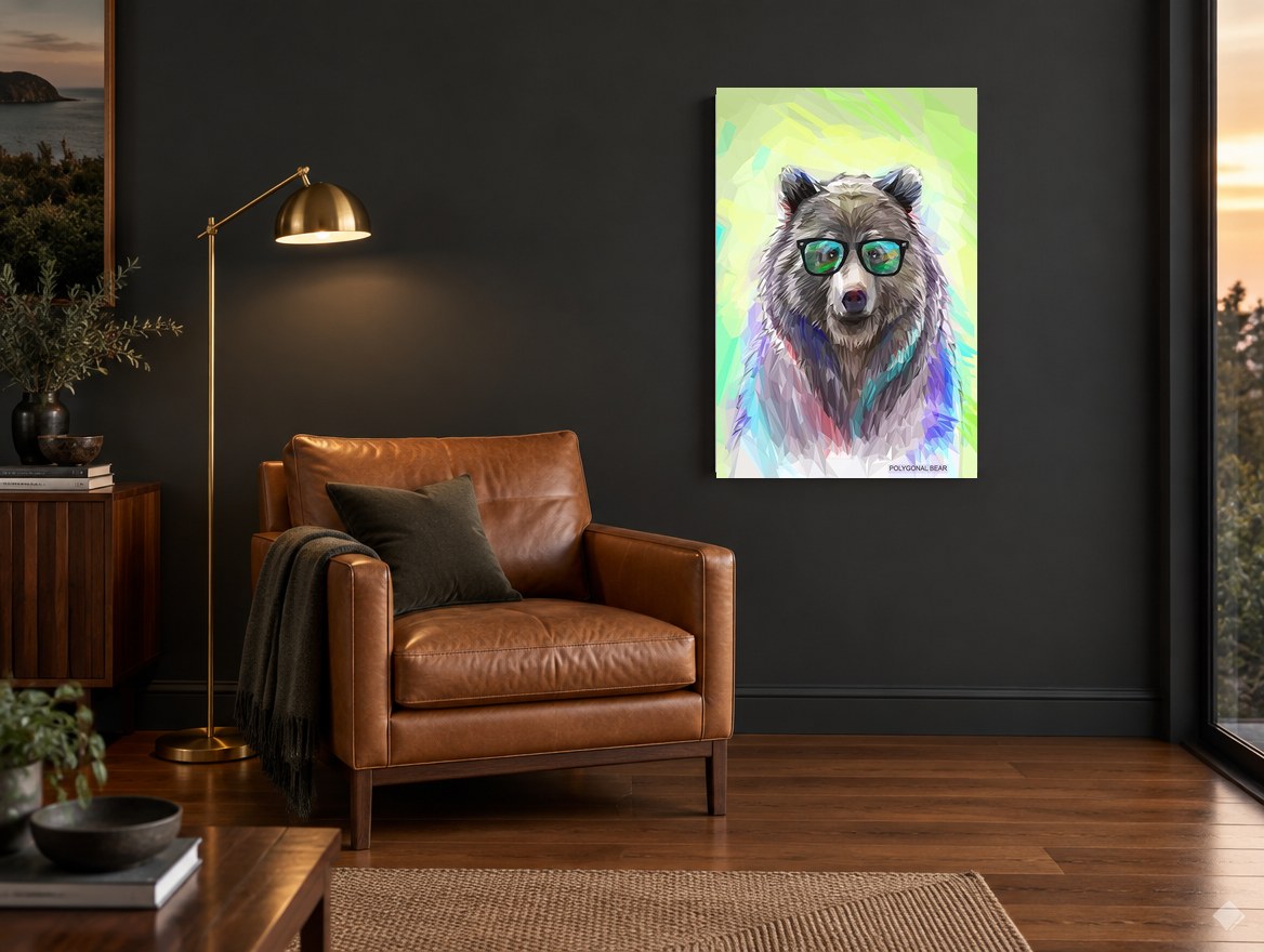 Bear in Green Shades animal canvas print on the wall of a charcoal living room