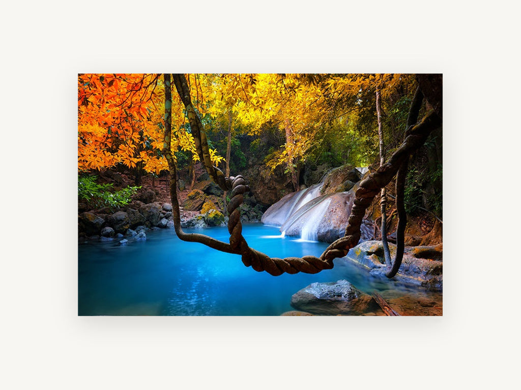 Turquoise Pool Vine, jungle waterfall turquoise pool photograph, landscape canvas wall art print, front view