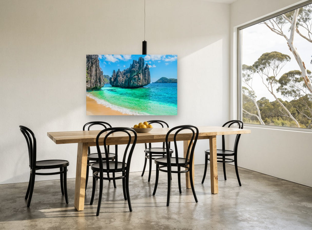Emerald Cove Limestone coastal canvas print on the wall of a dining room
