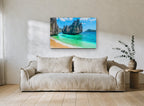 Emerald Cove Limestone coastal canvas print on the wall of a living room