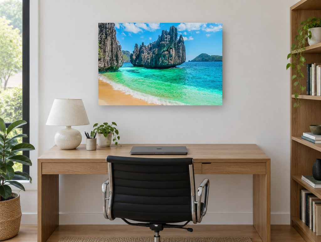 Emerald Cove Limestone coastal canvas print on the wall of a study
