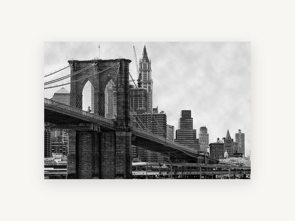Brooklyn Bridge Tower, brooklyn bridge black and white photograph, city canvas wall art print, front view