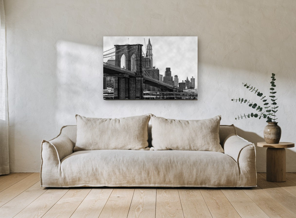 Brooklyn Bridge Tower city canvas print on the wall of a living room