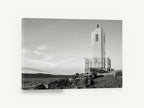 Concrete Beacon Shore, lighthouse tower black and white photograph, coastal canvas wall art print ready to hang