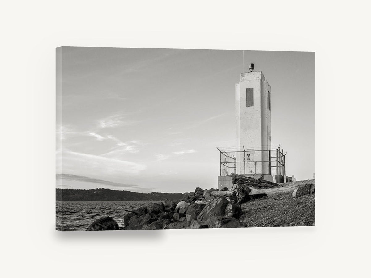 Concrete Beacon Shore, lighthouse tower black and white photograph, coastal canvas wall art print ready to hang