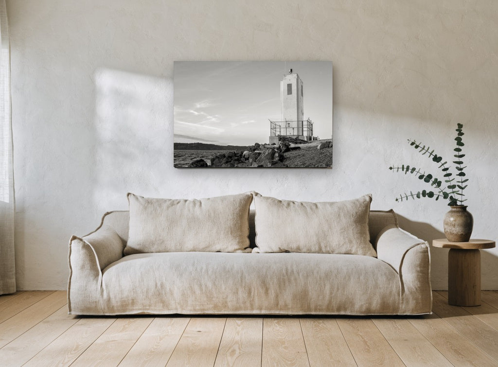 Concrete Beacon Shore coastal canvas print on the wall of a living room