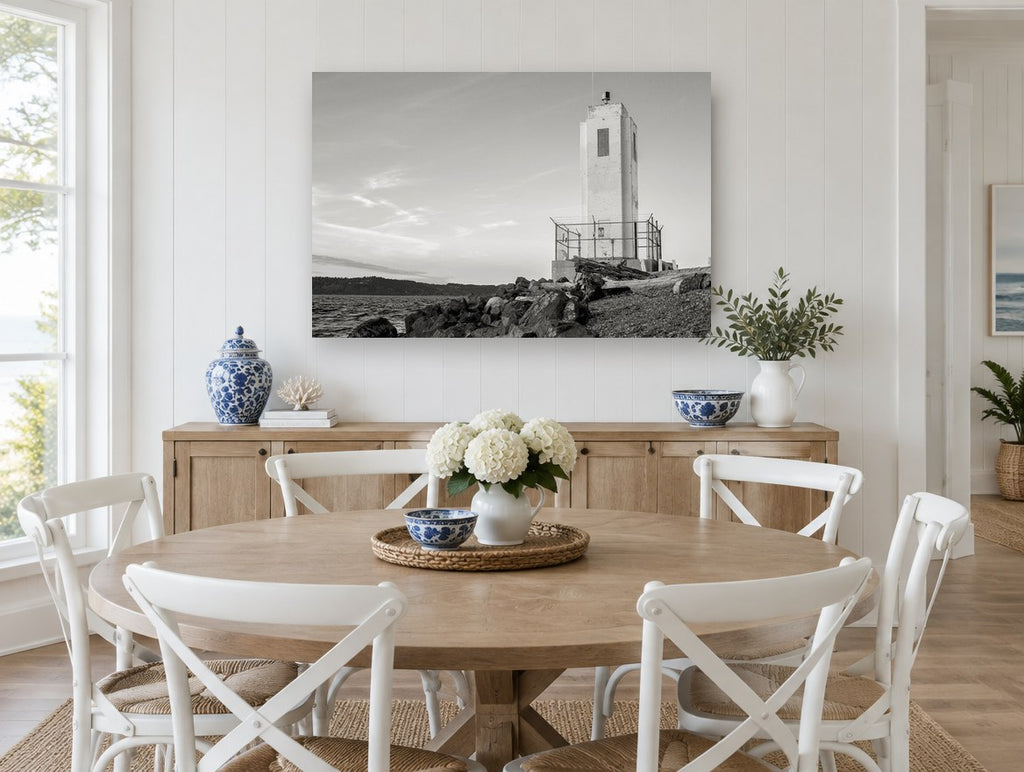 Concrete Beacon Shore coastal canvas print on the wall of a Hamptons dining room