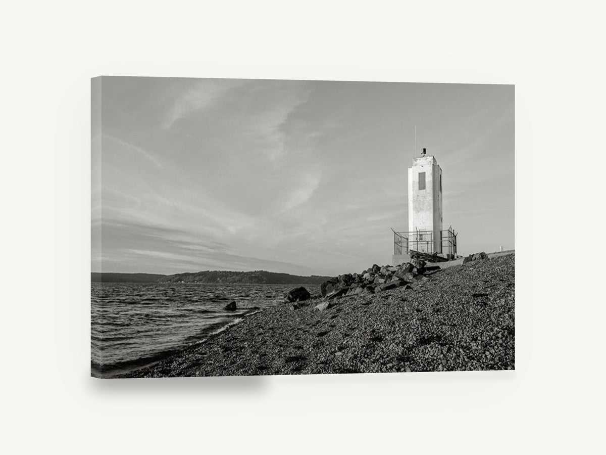 Lonely Shore Beacon, lighthouse on pebble shore black and white, coastal canvas wall art print ready to hang