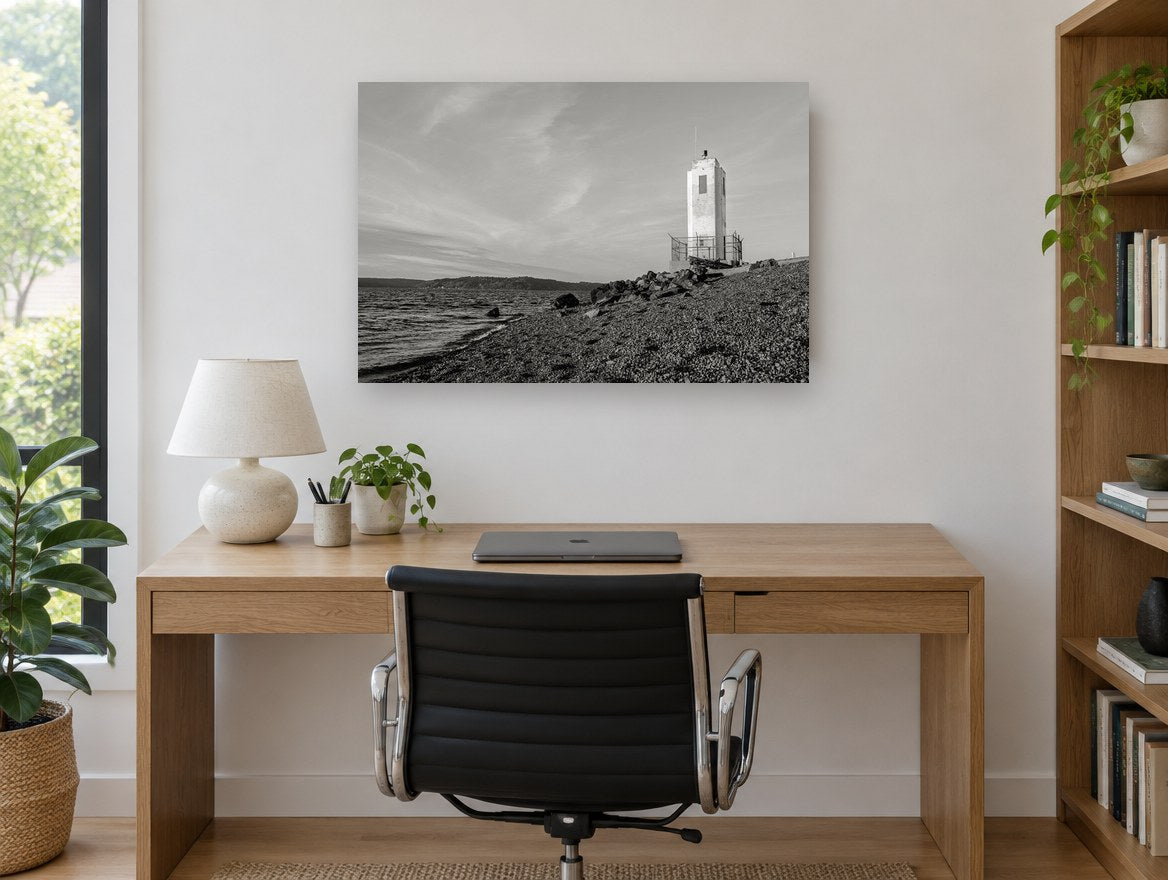 Lonely Shore Beacon coastal canvas print on the wall of a study
