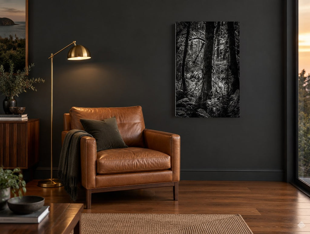 Fern Light Woodland landscape canvas print on the wall of a charcoal living room
