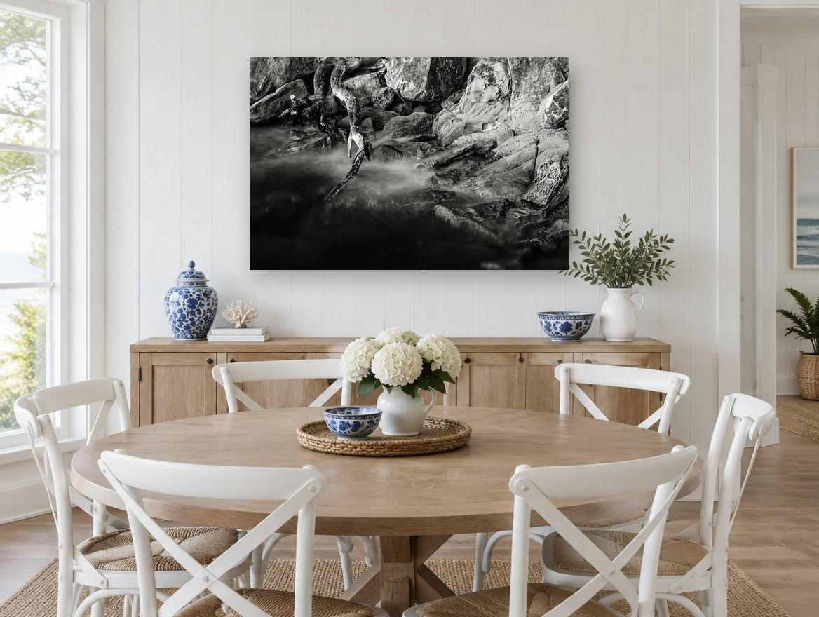 Driftwood and Still Water landscape canvas print on the wall of a Hamptons dining room