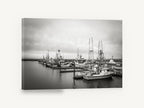 Grey Day Fishing Moorings, fishing boats marina black and white, coastal canvas wall art print ready to hang